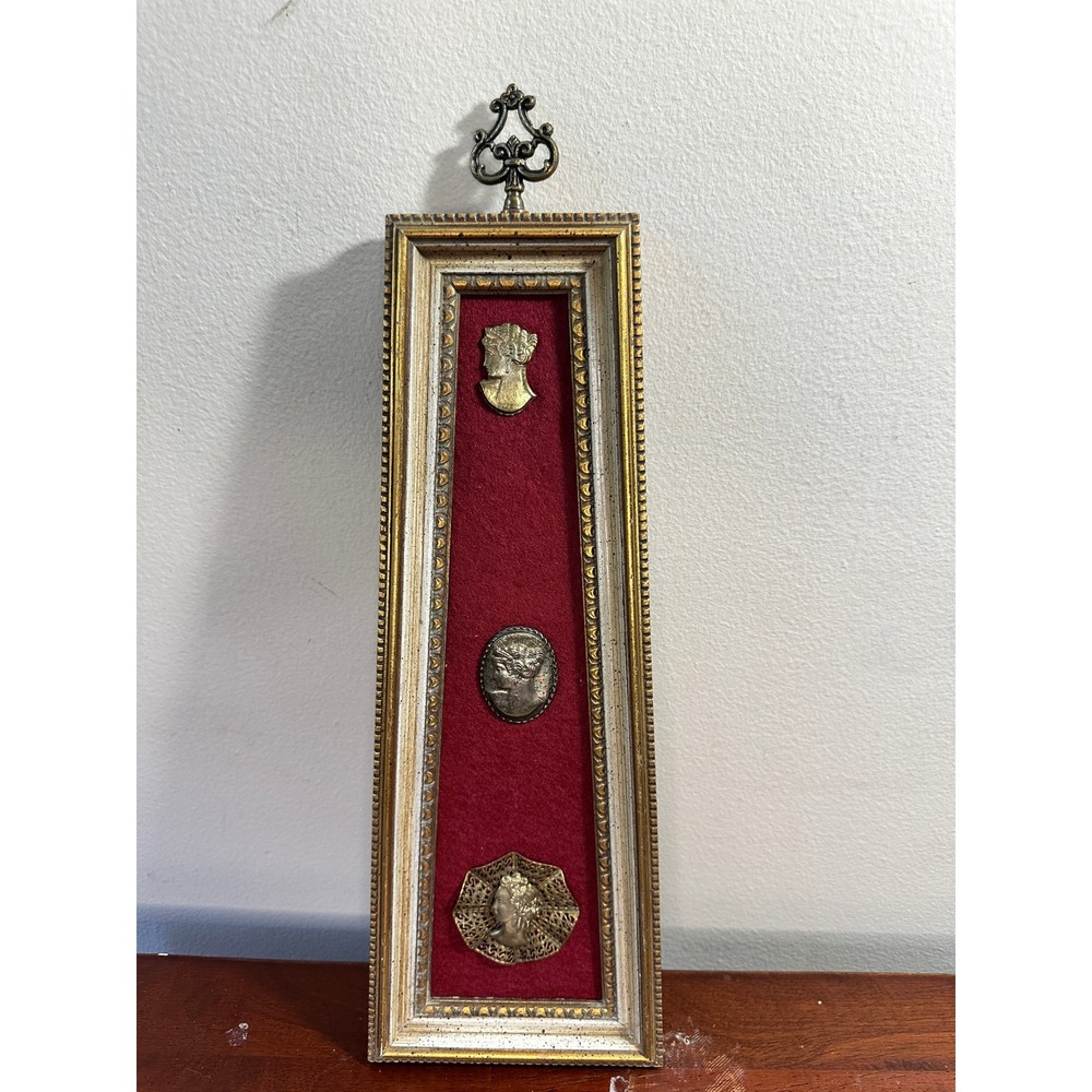 Vintage EA Riba Co Gold Frame Red Velvet 3 Metal Cameo Wall Art Brooklyn NY 321